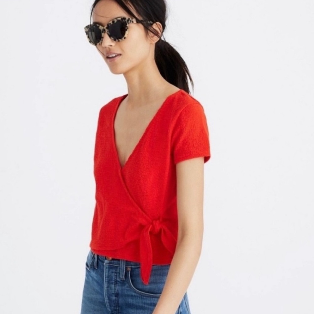 Madewell Texture and Thread Red Tie Wrap Top Size Large